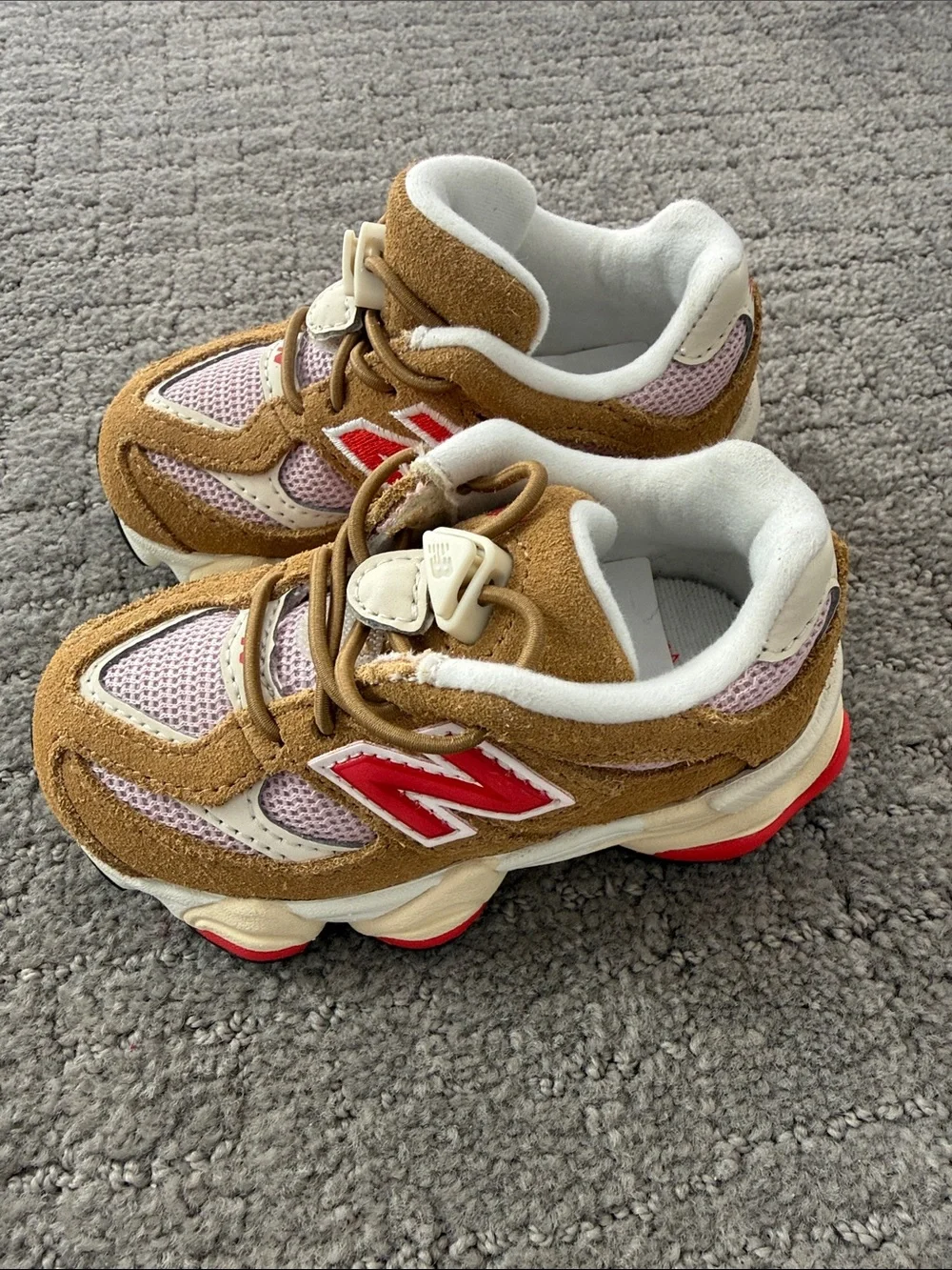 New Balance Kids Tan Suede and Pink Mesh Sneakers with Red N Accents